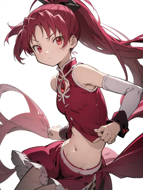 (best quality, masterpiece:1.2), ultra detailed, 1girl, sakura kyouko, red hair, ponytail, long hair, small breasts, 
looking at viewer, simple background, 
magical girl, sleeveless, cutout, navel,