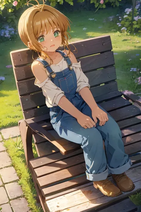 Realistic expression, Photorealistic depiction of detail. high angle close-up. At the time of day when the evening light stretches shadows in an old farmhouse garden, a cute 10-year-old cute girl green eyes is sobbing, sitting on her side with her knees in...