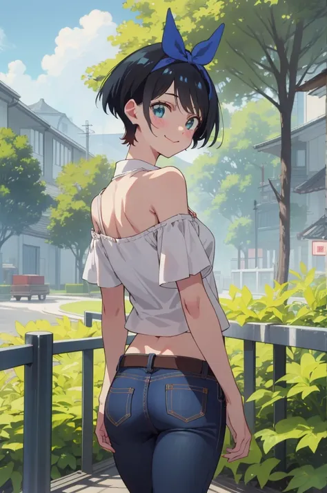 ruka sarashina,nature,blue hair bow break standing tall pose,bell-bottom jeans, off-the-shoulder blouse, ,(skinny:1.2),ass,from ...