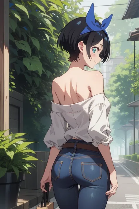 ruka sarashina,nature,blue hair bow break standing tall pose,bell-bottom jeans, off-the-shoulder blouse, ,(skinny:1.2),ass,from ...