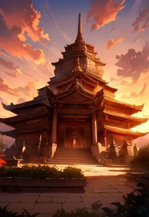 masterpiece, best quality, Stills, cloud, bright, Happy, Warm and soft lighting, Sunset, fantasy, temple