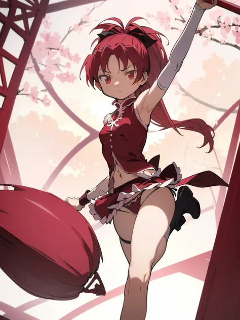 (best quality, masterpiece:1.2), ultra detailed, 1girl, sakura kyouko, red hair, ponytail, long hair, small breasts, 
looking at viewer, armpit,(((lift leg,panties)))
magical girl, sleeveless, cutout, navel,