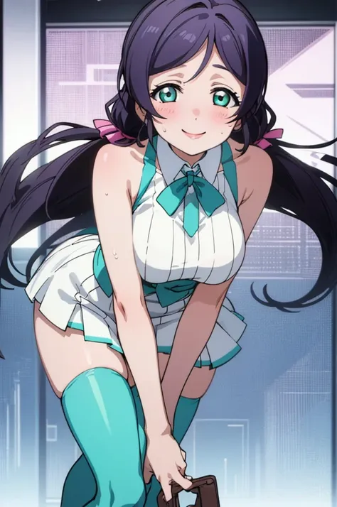 (masterpiece, best quality), 1girl,    nozomi toujou,huge breasts,idol costume,,sweating,sleeveless,thighhighs,miniskirt,looking viewer,smile,1piece dress,lean forward,,squeeze breasts