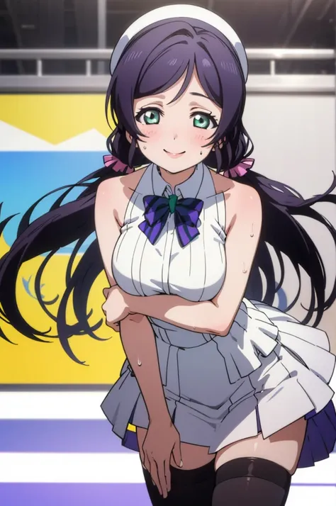 (masterpiece, best quality), 1girl,    nozomi toujou,huge breasts,idol costume,,sweating,sleeveless,thighhighs,miniskirt,looking viewer,smile,1piece dress,lean forward,,squeeze breasts