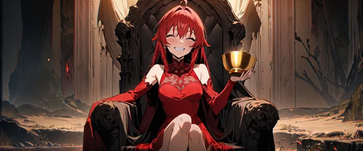 (((masterpiece,Highest quality))),((Smiling red-haired demon anime girl wearing a red one-piece dress and holding a golden cup while sitting on a throne)),((He tilts his golden cup and pours poison onto the earth.)),((A throne in the wilderness of the dead...