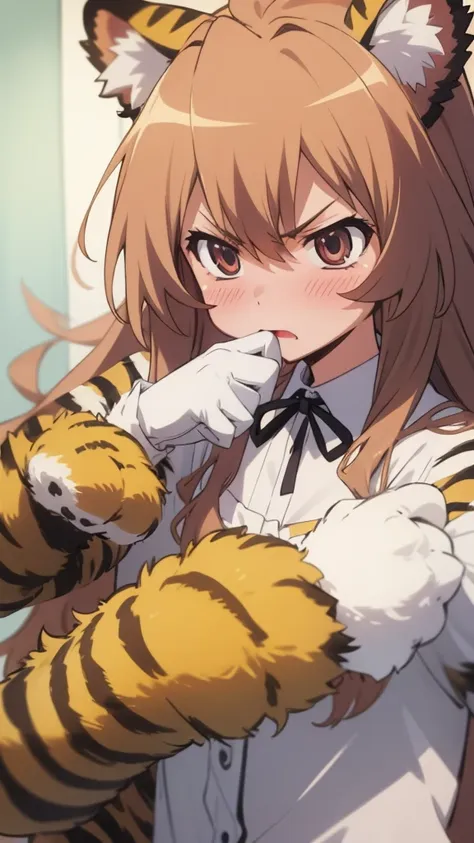 anime, 2d, anime style, (highly detailed:1.2), (highres:1.2), 1girl, aisaka taiga, flat chest, tiger print pajamas,animal hands,...