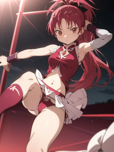 (best quality, masterpiece:1.2), ultra detailed, 1girl, sakura kyouko, red hair, ponytail, long hair, small breasts, 
looking at viewer, armpit,(((lift leg,panties)))
magical girl, sleeveless, cutout, navel,outdoor,night