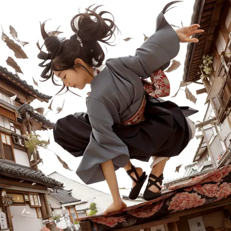 Japanese woman in kimono landing on roof、Acrobatics、Twisting the body、Place your left hand on the ground、Extend your right hand back、Collapsed Japanese house、Parkour-like movements、Tie your hair back、Sober kimono、