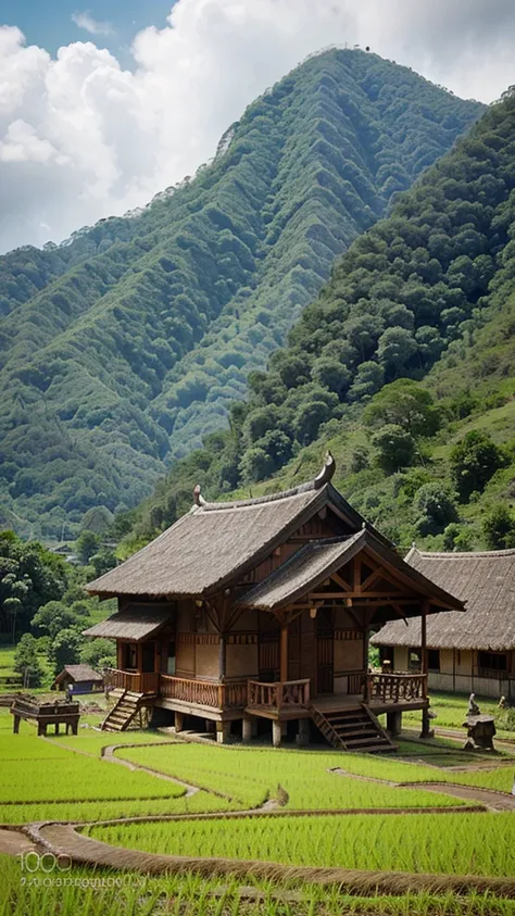 Photograph the traditional Tongkonan houses in Toraja Land with their unique roofs, surrounded by lush green rice fields and towering mountains