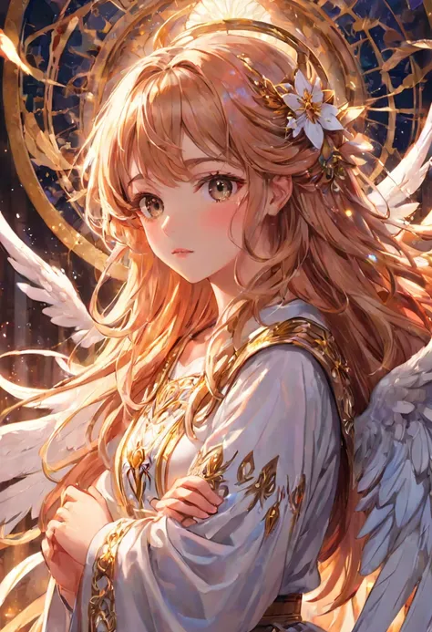 Anime Style, (Surrealist:1.2), beautiful, Master Parts, Highest quality, Highly detailed face, Perfect lighting, Nice hands, Perfect Arms, An angel shining with a sacred and heavenly splendor, (Heavenly Being:1.2), (Calm expression), (Majestic Wings), (Mys...