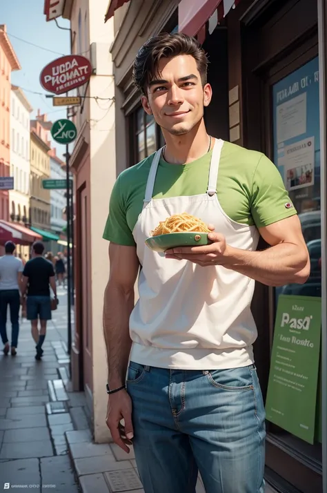 Close-up. Promotional poster for Pixars Pasta of Pisa featuring a cartoon funny white, red and green Leaning Tower of Pisa chef holding a dish of pasta and smiling at the camera. In the background is one pasta restaurant called "Pasta Pisa" with a white st...