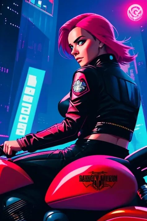 Cyberpunk style woman, riding a Harley Davidson motorcycle, 2d style, 8k, (Artwork), (best quality), (best detail), (distant overview), (stamp), (main color of illustration: bright saturated red ),(detailed, lots of contrast)