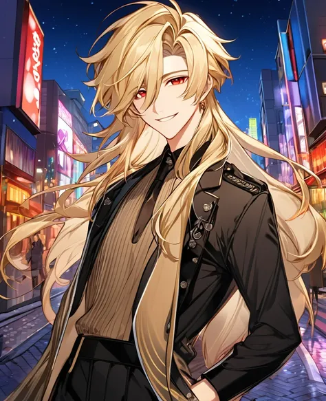  (Blonde_hair),(long_male_hair), (red_vibrant_eyes), (detailed_eyes), (warm_smile), (attractive), (background_colorful_night_city), (male), (detailed_Hair), (detailed), wears a 19s outfit, 