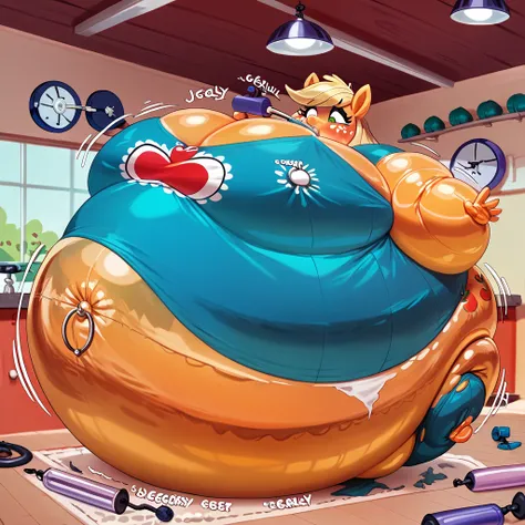 score_9, score_8_up, score_7_up,  Applejack MLP Massive Inflation Fat Body jiggly, fat round Body, body swelling about to explode, extreme overweight, bouncy belly, enormous in size Body Infaltion body expansion pumpin herself up like a blimp full up Gas p...