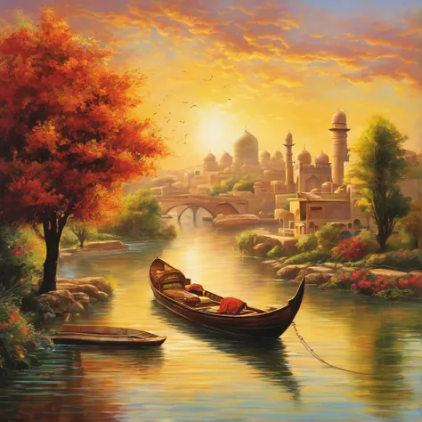 Qiman.featuring,  a river，There is a boat on the water，There&#39;s an island in a mountain, ink painting, chinese style, 