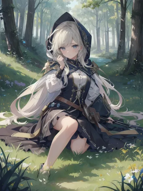 (masterpiece, top quality, top quality, official art, beautiful and aesthetically pleasing: 1.2), 1 girl, One, marquise, seeker of adventures, hood, meadow, detailed background, otherworldly fantasy with stunning modeling and highly detailed writing, one o...