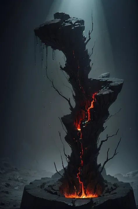 A huge deep abyss made of black stone, incandescent magma, phosphorescent radioactive mineral, it ends in the bottom with a living organic obscurity, abysssanctum, procreation of the wicked, synthetic grotesque,highly detailed, 4k resolution, masterpiece, ...