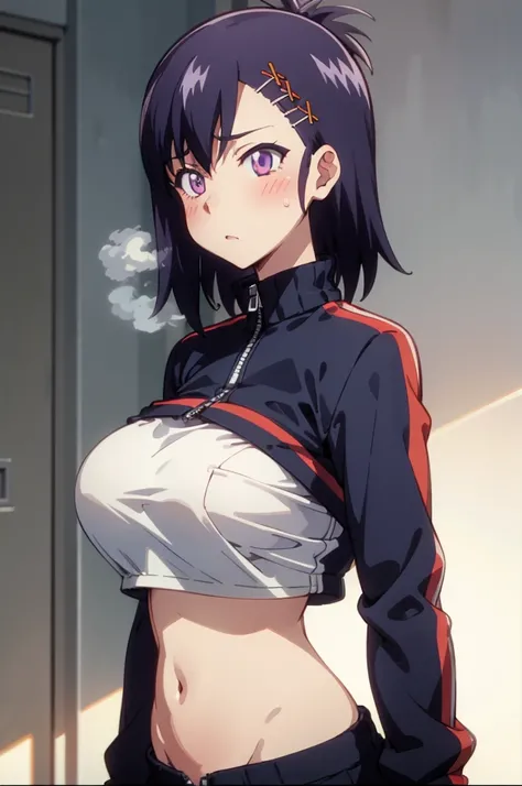 (masterpiece:1.2),best quality,highres,extremely detailed CG,perfect lighting,8k wallpaper,masterpiece,best quality,
1girl,steaming body,full-face blush,
1girl,Vignette April Tsukinose,big breast,zipper,TRACK JACKET,open jacket,crop top,huge breasts
jacket...