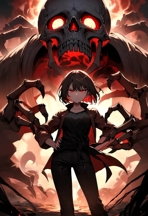 short hair girl, serious face, slim, black shirt with a skull attached, black pants and a jacket tied at the hip, It has a ghost on the right with skeleton hands and its face is a giant skull with an eye that glows red.,