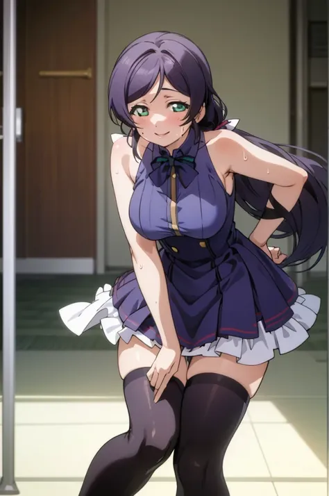 (masterpiece, best quality), 1girl,    nozomi toujou,huge breasts,idol costume,,sweating,sleeveless,thighhighs,miniskirt,looking viewer,smile,1piece dress,lean forward,,squeeze huge breasts