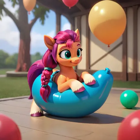 cinematic film still score_9, score_8_up, score_7_up, score_6_up, score_5_up, score_4_up, Digital art, cute, 
Sunny Starscout, earth pony, muscular, smirking, feral,
rating_questionable,
meadow, 
(balloon fetish, looner, sitting on a balloon, balloon sitti...