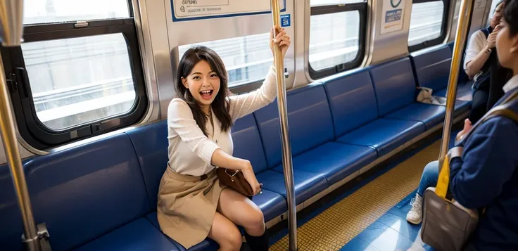 Woman gets excited on the train