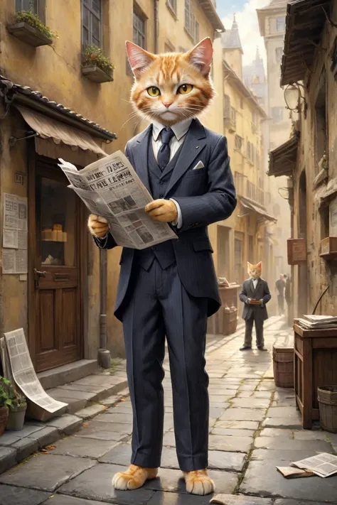  small, かわいいbornき物, Wearing a suit,Wearing suit pants, whole body, , Are standing, Costumes, Reading the Newspaper Fantasy Art, Exquisite detail, Jean-Baptiste Monge Style, Building district、Alan Lee Style, Anthropomorphic yellow-eyed tabby furry cat, Movi...