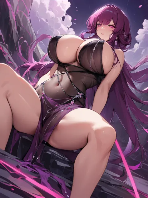 Epic Works, Very, very beautiful, beautiful , (masterpiece, Best quality),Like Kafka，There are ravines，Huge Breasts（1.1） Dark purple transparent gauze dress，Black suspenders，Showing off slender and strong legs，Bare Legs，wrist、Jeweled tassels at ankles and ...