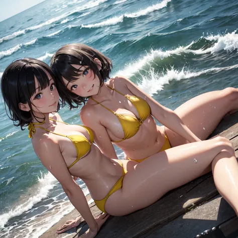 high resolution。High resolution、Low - Angle、masterpiece、Beautiful girl、Cute girl、Micro Bikini、Yellow bikini swimsuit、Girls huddling together、A girl with long hair and a girl with short hair、Dark Eyes、Bright smile、White teeth、Black glossy hair color々Pause、W...