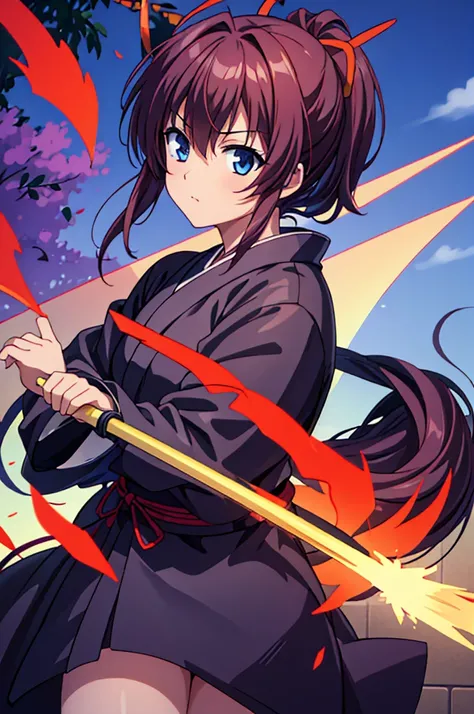 quality, masterpiece, High resolution, alone, （Rurouni Kenshin: Saito Hajime），（Glaring Eyes），roar，（spear) ，（Spear Thrust），Holding a spear，kimono，（Spear pose），（breastplate），Evening sky_background，Young Girl，Anime Style, 最高quality, 4K, masterpiece,， alone, 1...