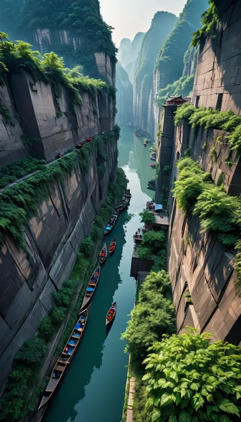 high resolution、8k masterpiece:1.3、 breathtaking aerial photography:1.1、 the terrifying cliff-top walled canal in chongqing:1.3、...