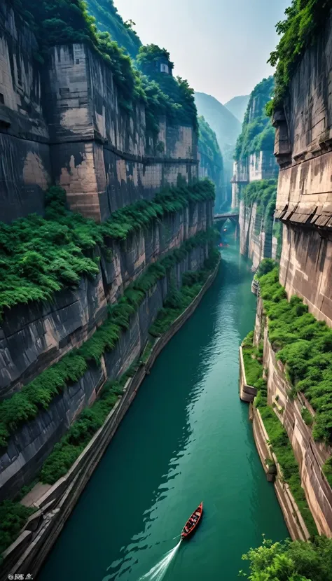 high resolution、8k masterpiece:1.3、 breathtaking aerial photography:1.1、 the terrifying cliff-top walled canal in chongqing:1.3、...