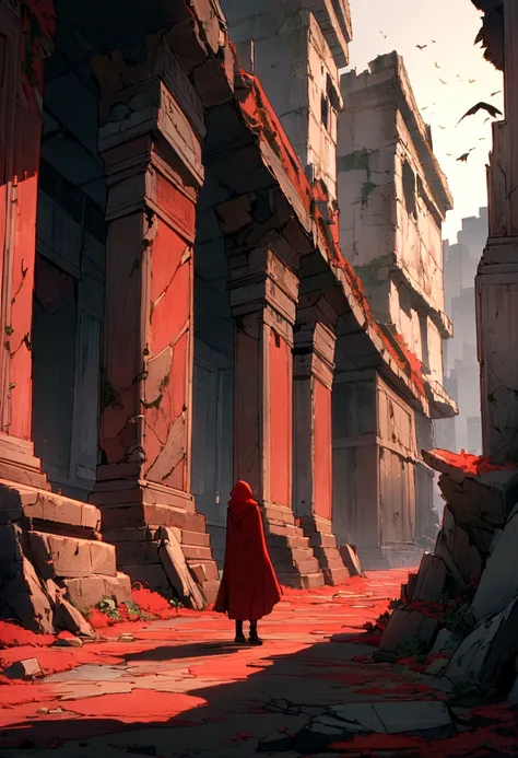 In a world after civilization has collapsed、A row of weathered ruins.,Standing there,Red long dress, Red Hood, A lot of red clothes are flying in the air, high quality, 8K