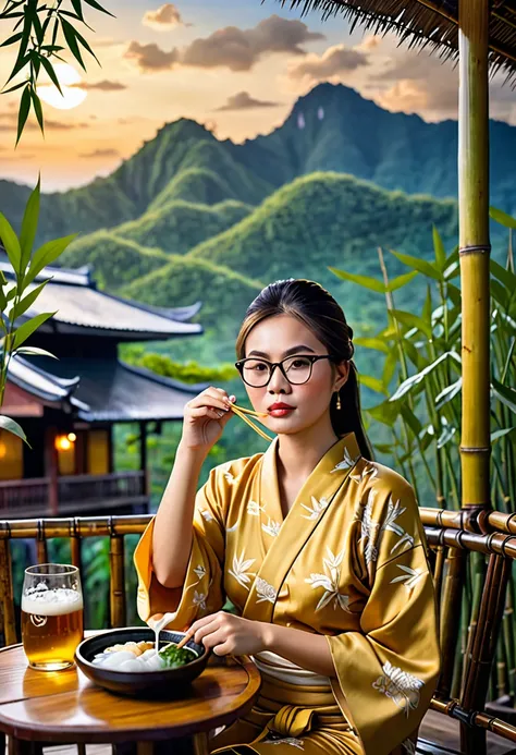 Masterpiece, realistic image Maximum details: Thai woman, beautiful face, sharp eyes, about 30 years old, big, fat, wears clear glasses, ties her hair, wears dark-colored pajamas. Sitting and relaxing in a bamboo cafe Decorated in a local style. Built with...