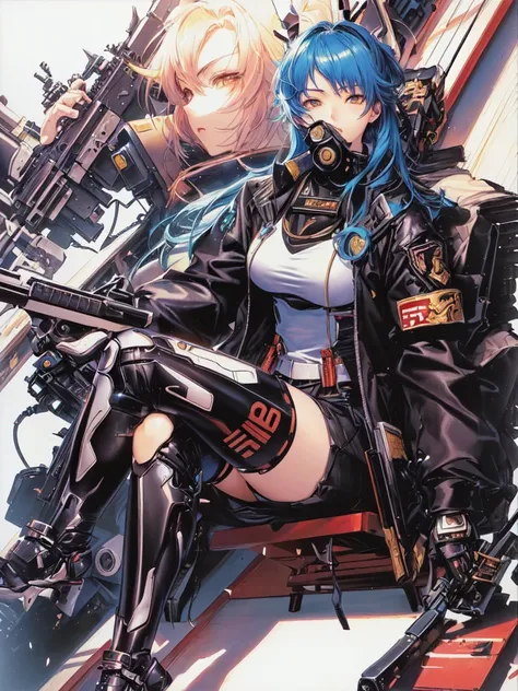 sit on the chair，Anime girl with gun in hand, inspired author：Shirow Masamune, Shirow Masamune的风格, Otomo Shohei, Ultra detailed comics, color comics style, Detailed comic style, inspired by katsuya terada, Inspired by Hajime Sorayama, Complex comics, autho...