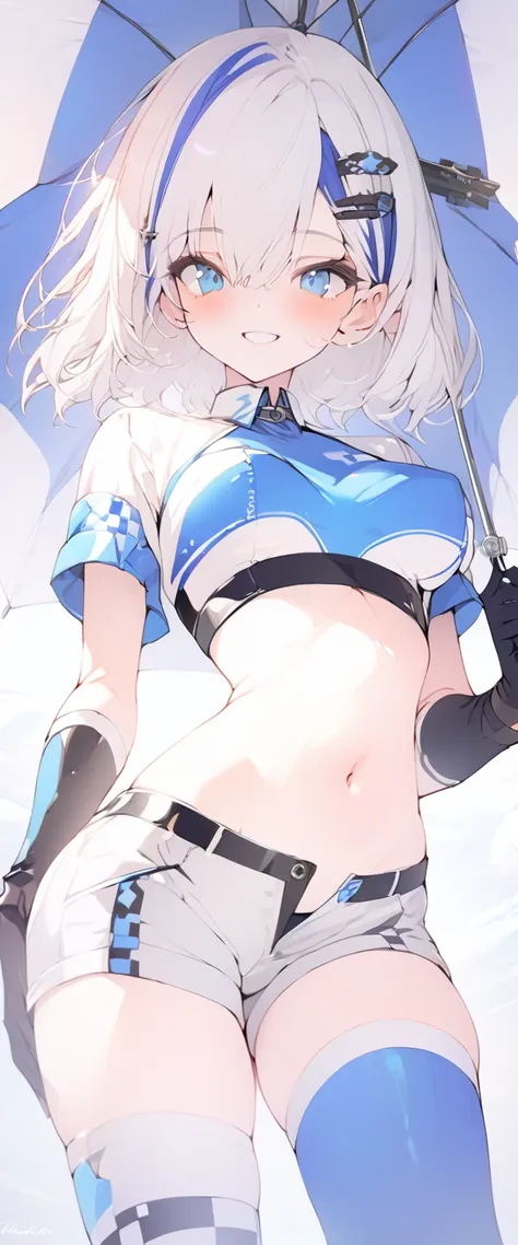 beautiful, masterpiece, Highest quality, anime, One girl, C Cup,Portrait Shot, View your viewers, Intricate details,>,((Covered、Short Hair、nearby、Blue Eyes、art、、White hair,Blue streaked hair、wallpaper、、hairpin、smile、Thighs、navel、Plainer_Race Queen、Plainer_...