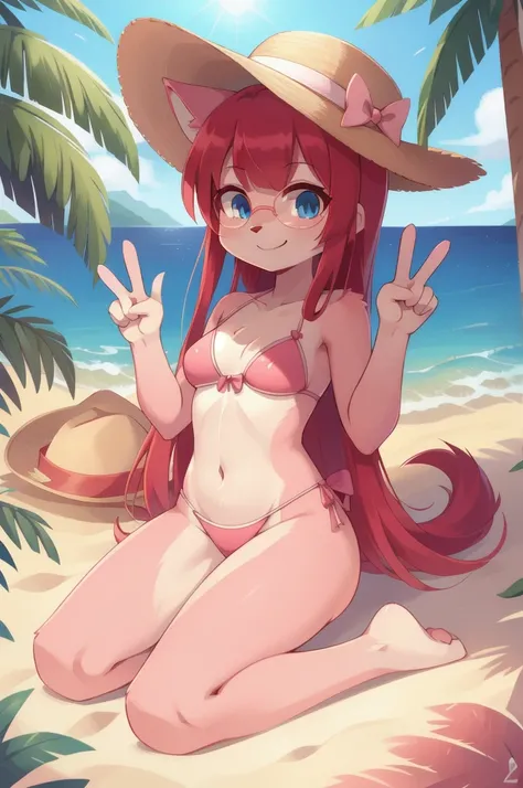 furry girl, cat, red hair, Knight bangs hairstyle, long ponytail, anime style, medium breasts, blue eyes, ((bright pink bikini bandeau with bow in the center, side bows at the bottom, sunglasses on top, wide-brimmed hat)), high quality, detailed body, deta...