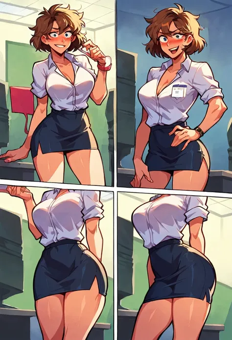 score_9, score_8_up, score_7_up, score_6_up, rating_explicit, sequence, comic, 8-panel, source_comic, 2girls, perfect breasts, short hair Gwen Stacy, wearing (tight skirt:1.5), (tight blouse:1.5), (modern office:1.6), blush, flirting with female brunette i...