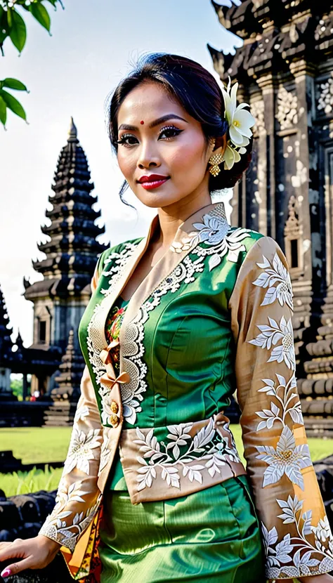 Photograph a stunning woman in a traditional Javanese kebaya, with Prambanan Temples towering spires majestically in the background, her serene expression matching the historical ambiance