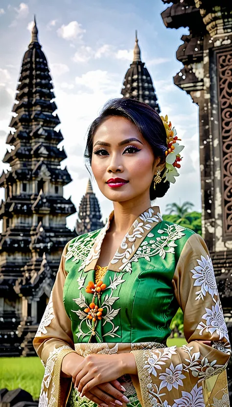 Photograph a stunning woman in a traditional Javanese kebaya, with Prambanan Temples towering spires majestically in the background, her serene expression matching the historical ambiance