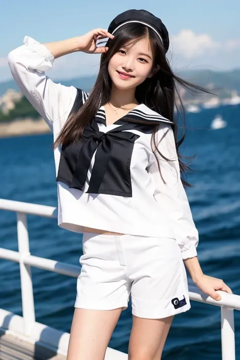 ((best quality)), ((masterpiece)), (detailed), 1girl, beautiful straight black long hair , beautiful smile ,sexy pose ,standing position , white sailor jacket , top crop ,short pants , on the yacht , sea background , sailor hat