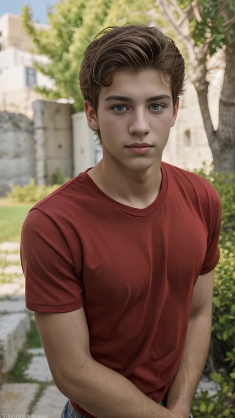 Handsome boy red shirt 17 years old green eyes attractive Greek boy Green eyes attractive greek boy 