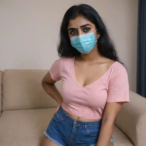 Full body shot of a 19 year old medium size Indian girl in pink shorts and blue top, wearing a black mask, at home, cleavage visible.