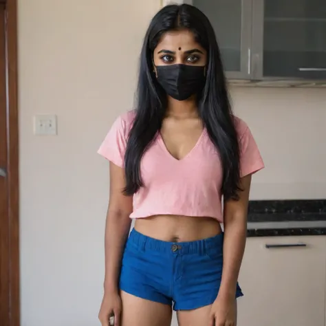 Full body shot of a 19 year old medium size Indian girl in pink shorts and blue top, wearing a black mask, at home, cleavage visible.