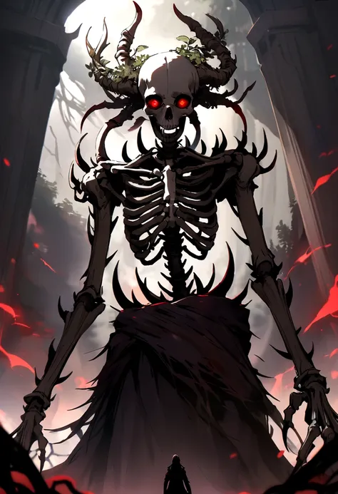 Body of a very dark mist with 2 skeletal arms with very sharp nails and a skull on its head with intense red eyes. 