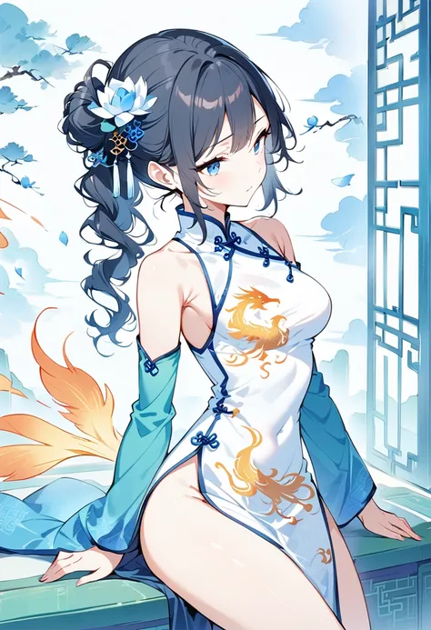 (masterpiece, Highest quality:1.2),Wavy Hair Secretary，Lonely,Beautiful Eyes,Thin black hair，( Smooth Skin:1.2)( Wear a gorgeous Chinese dress with a phoenix pattern:1.2)， Slender body proportions，Gorgeous room（（Intricate details））