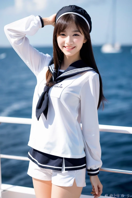 ((best quality)), ((masterpiece)), (detailed), 1girl, beautiful straight black long hair , beautiful smile ,sexy pose ,standing position , white sailor jacket , top crop ,short pants , on the yacht , sea background , sailor hat , full body picture 