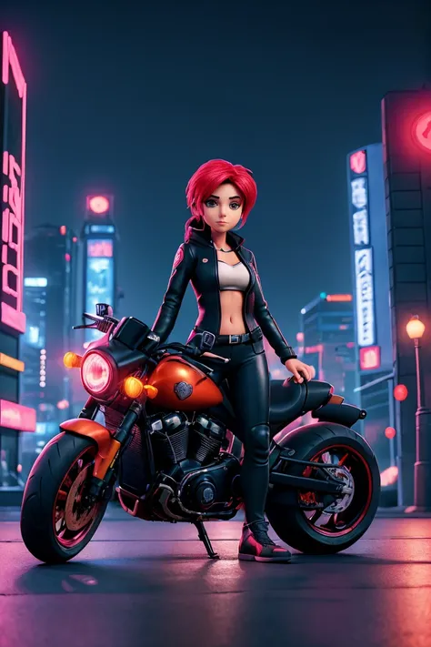 Imagine um vibrante, futuristic scene where a woman in cyberpunk style is riding a Harley Davidson motorcycle. The scene is rendered in 2D at 8K resolution, offering stunning image quality and fine details. The view is from a distant perspective, giving an...