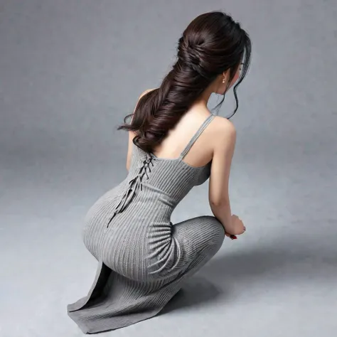 Realistic, high quality, Chinese woman wearing a maxi bodycon dress, knit dress, squatting down,rear view