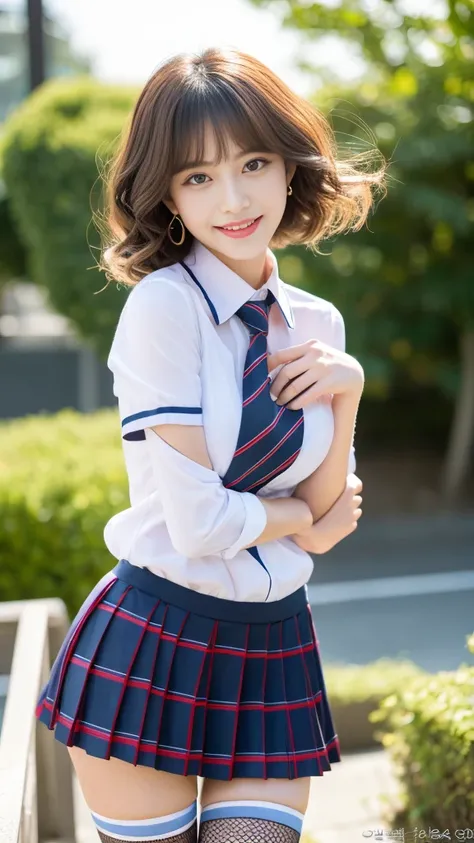 Korean school uniform, summer school uniform shirt, Ribbon Ties, short skirts, school classroom, school stairs, chest thrusting pose, 8K RAW photo, high resolucion, Cool 19 year old Korean, very big round chest, cleavage, beautiful eyes in detail, long eye...